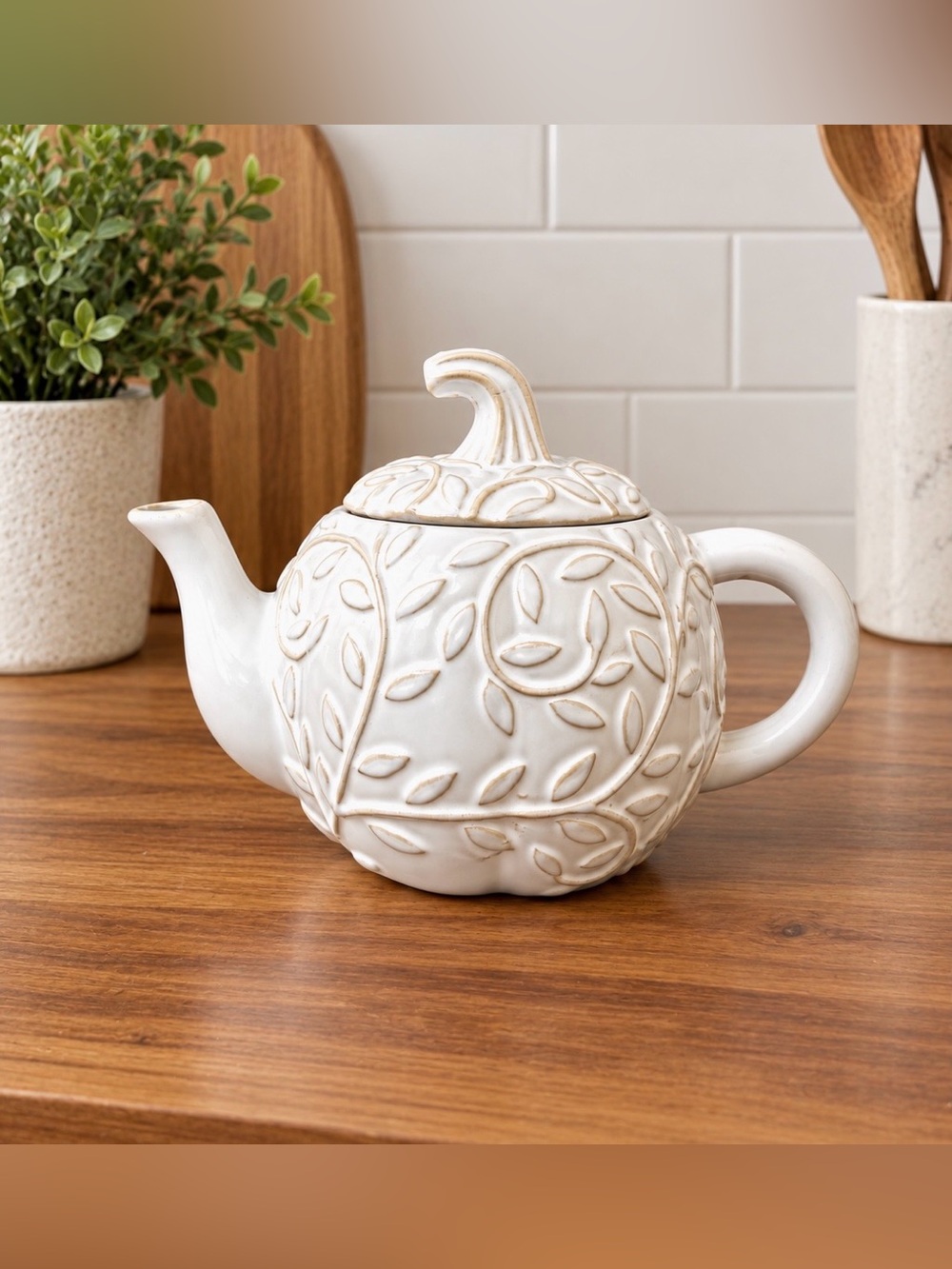FALL PUMPKIN TEAPOT WHITE CERAMIC EMBOSSED LEAF SCROLLWORK MINIMALIST KITCHEN